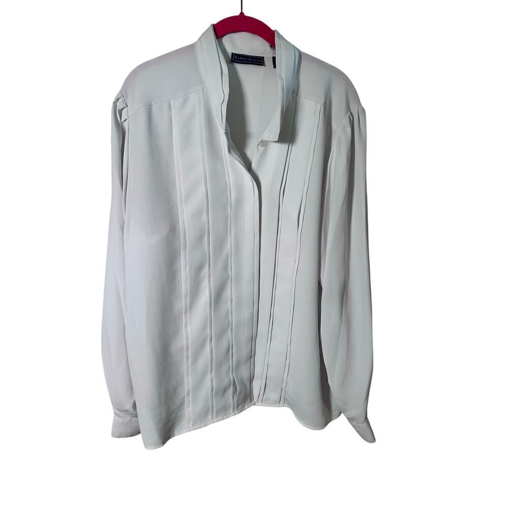 Vintage Karen Scott Women's White Hidden Button Down  Pleated Blouse Top Size 14